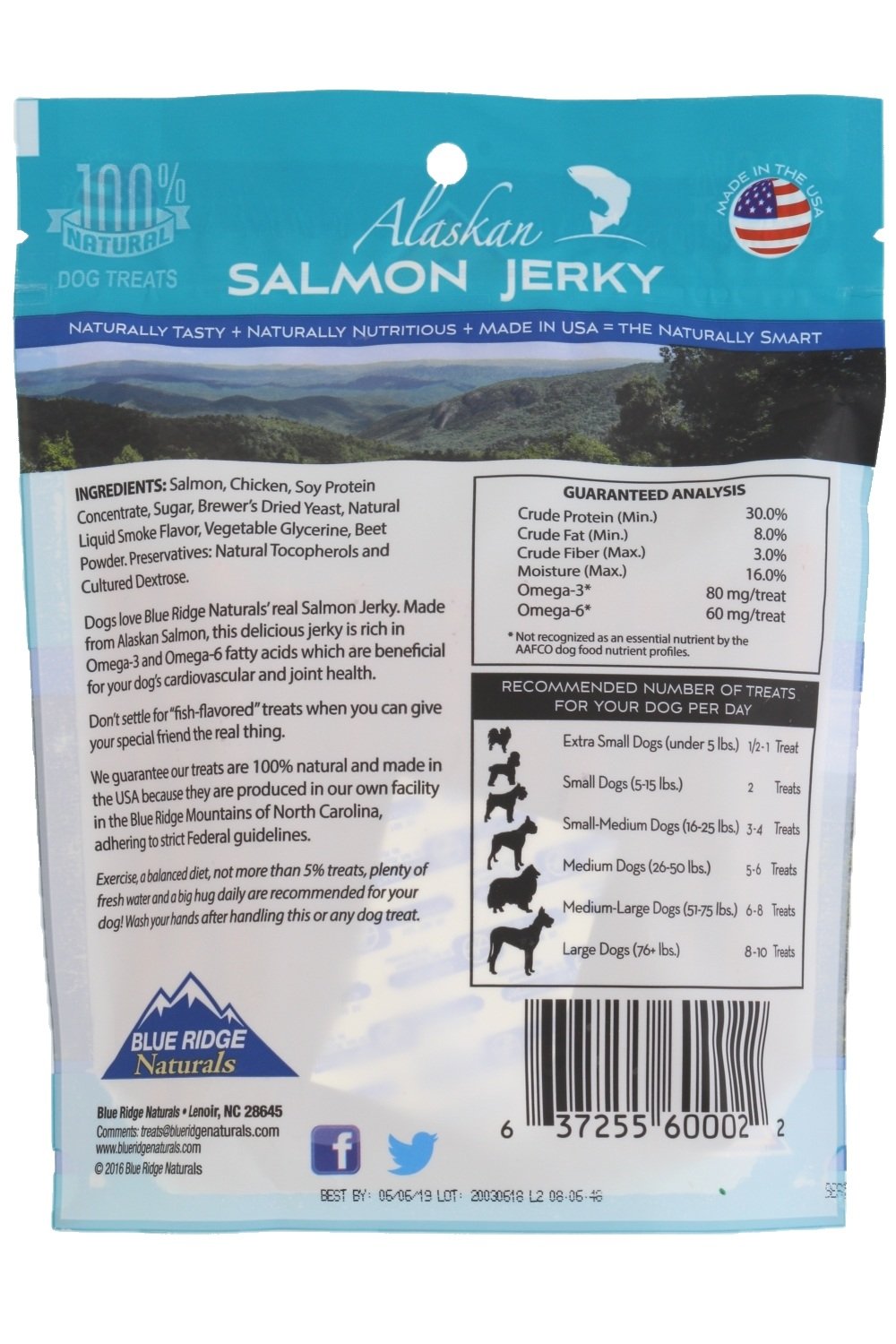 Blue Ridge Naturals 2 Pack of Alaskan Salmon Jerky Wheat-Free Dog Treats, 1 Pound each, Made in the USA